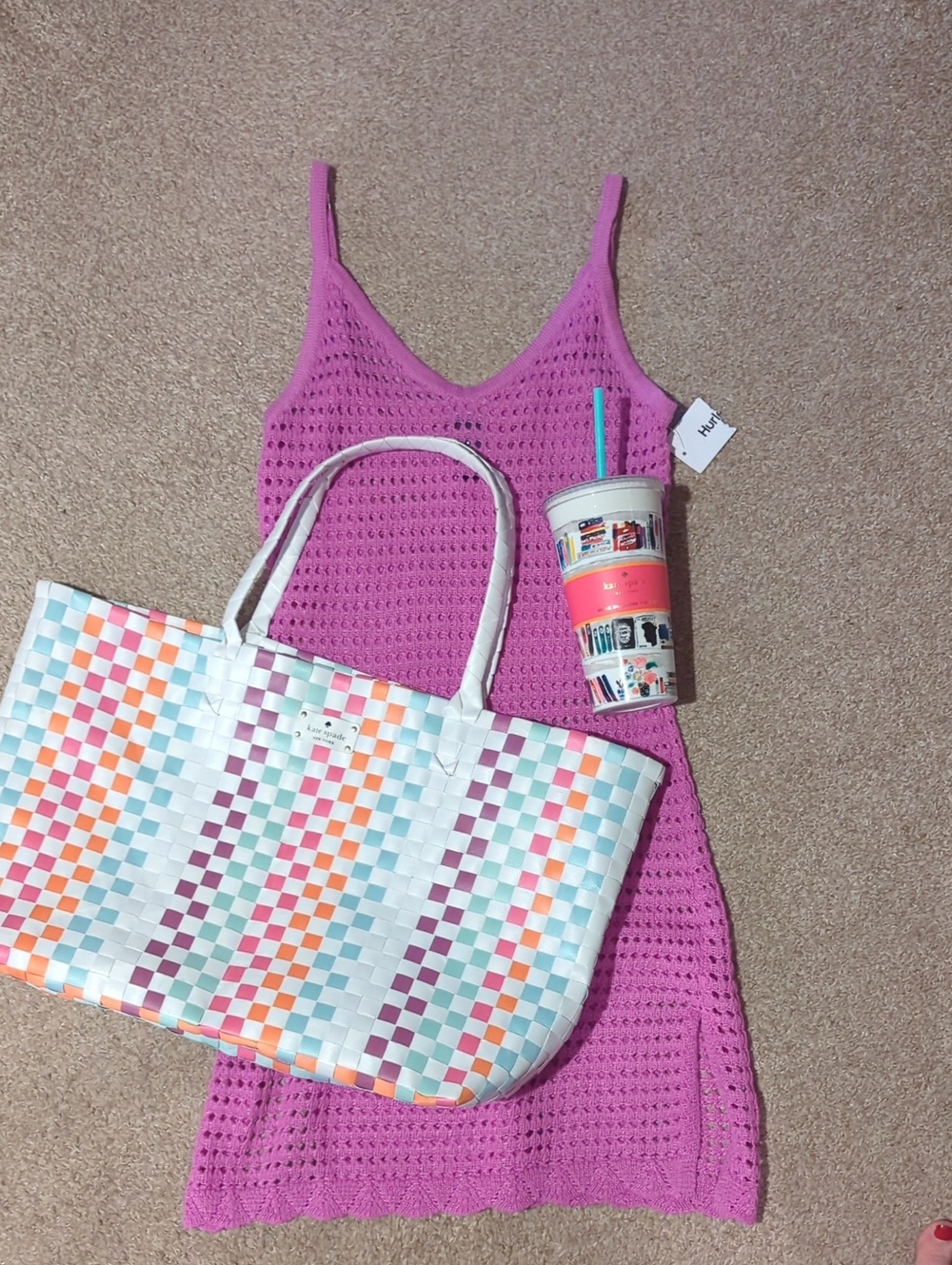 Kate Spade Checkerboard Tote Summer Bundle W/Cover-up And Kate Spade Cup
